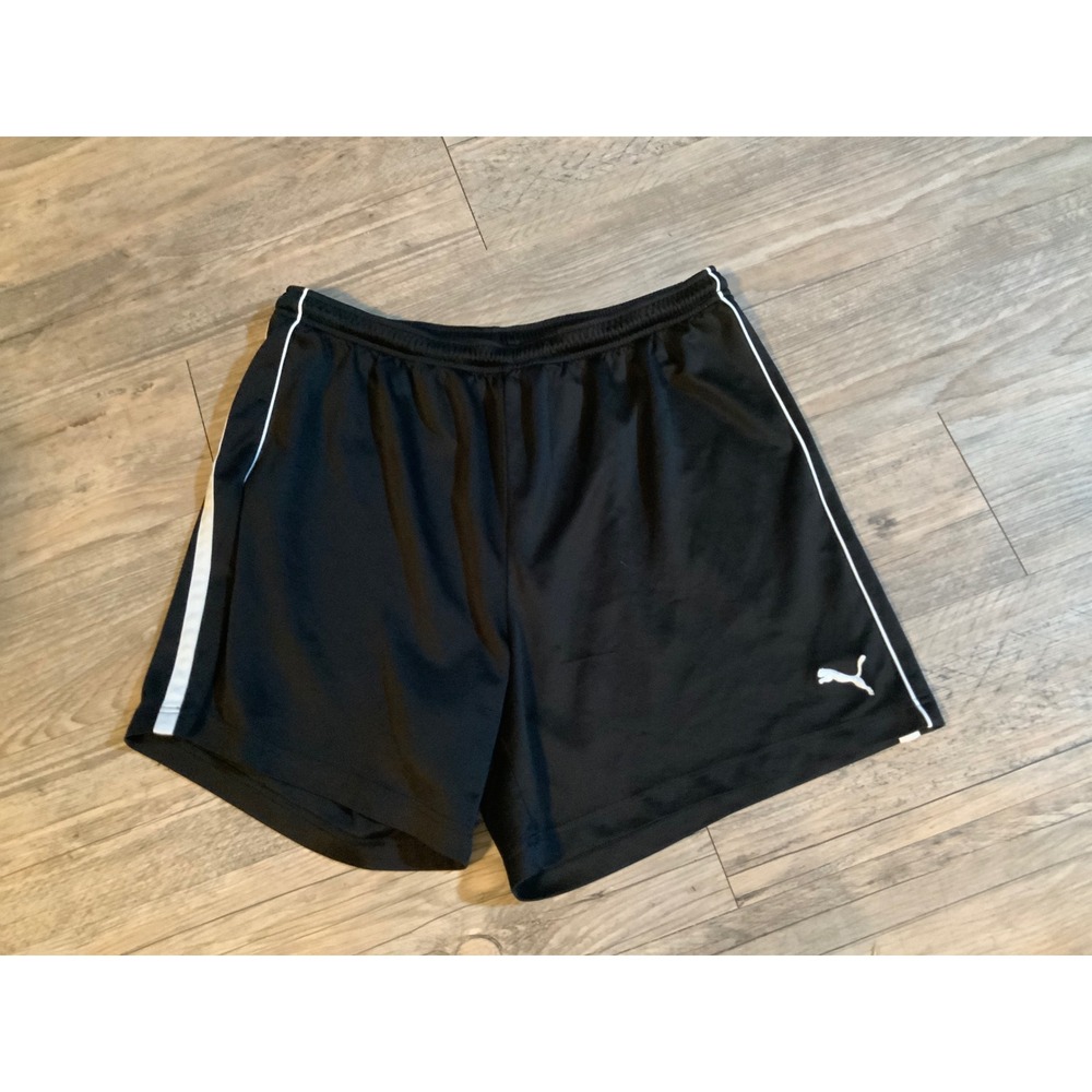 Puma Mens Athletic Soccer Shorts Black White Stripe Elastic Waist Large